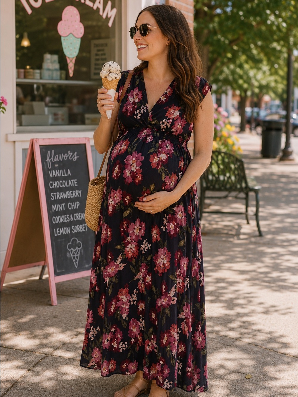 Isabel Maternity Inrid & Isabel Size S Smocked Maxi Dress Navy W/Flower Sleeve